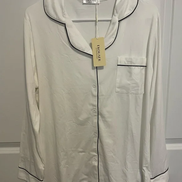 Women's White Pajama Set with Black Trim - Picture 2 of 3